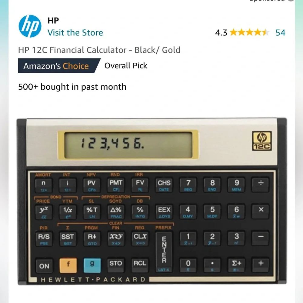 HP 12C Financial Calculator - Black/Gold